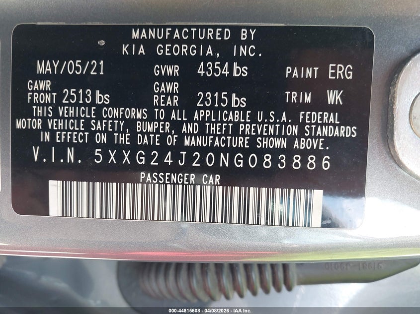 2022 Kia K5 VIN 5XXG24J20NG083886 IAAI salvage auction — WATER/FLOOD, Salvage Title, sold $4,000 on 2026-07-14 (photo 9)