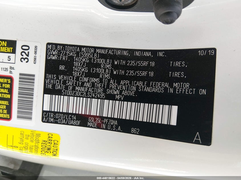 2020 Toyota Sienna VIN 5TDDZ3DC2LS242495 IAAI salvage auction — REAR END, Salvage Title, sold $350 on 2026-07-22 (photo 9)