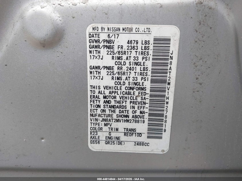 2017 Nissan Rogue VIN JN8AT2MV1HW278819 IAAI salvage auction — REAR END, Salvage Title, sold $1,650 on 2026-07-14 (photo 9)