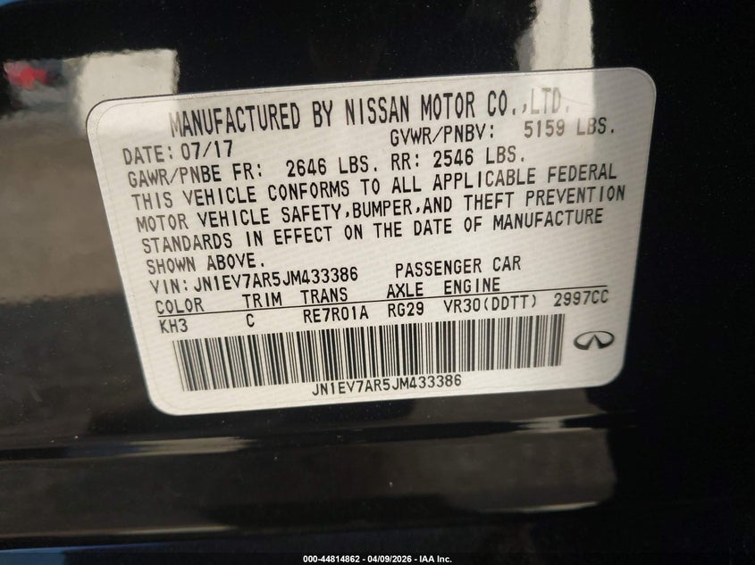 2018 Infiniti Q50 VIN JN1EV7AR5JM433386 IAAI salvage auction — FRONT END, Salvage Title, sold $2,650 on 2026-07-22 (photo 9)