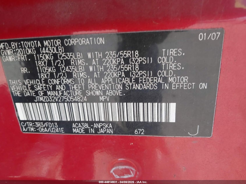 2007 Toyota Rav 4 VIN JTMZD32V275054824 IAAI salvage auction — FRONT END, Salvage - 75% Or Less (Maryland), sold $1,200 on 2026-07-27 (photo 9)