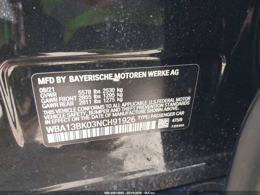 2022 BMW 5er VIN WBA13BK03NCH91926 IAAI salvage auction — FRONT END, Salvage Title, sold $5,950 on 2026-07-07 (photo 9)