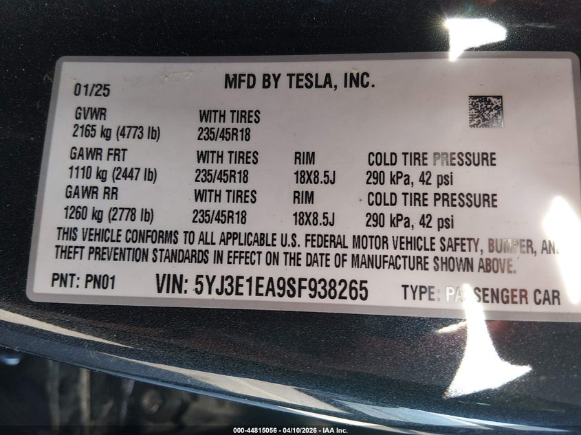 2025 Tesla Model 3 VIN 5YJ3E1EA9SF938265 IAAI salvage auction — LEFT FRONT, Salvage Title, sold $10,100 on 2026-07-16 (photo 9)