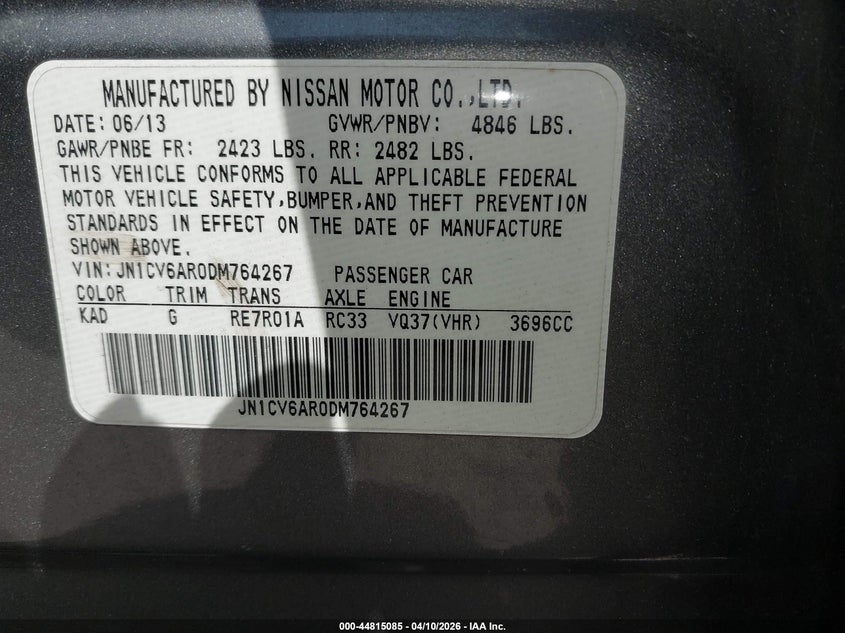 2013 Infiniti G VIN JN1CV6AR0DM764267 IAAI salvage auction — RIGHT FRONT, Salvage Title, sold $25 on 2026-07-10 (photo 9)