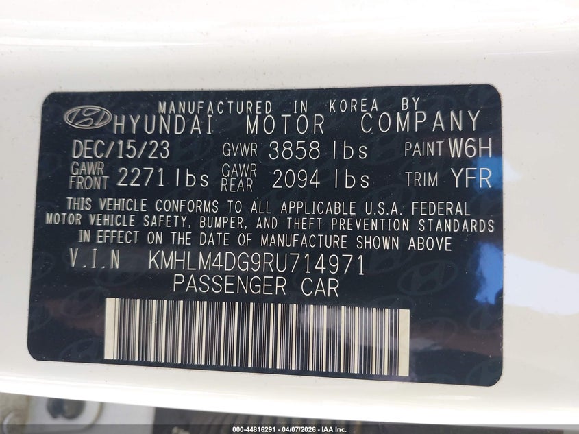 2024 Hyundai Elantra VIN KMHLM4DG9RU714971 IAAI salvage auction — LEFT FRONT, Wait Title, sold $6,300 on 2026-07-22 (photo 9)