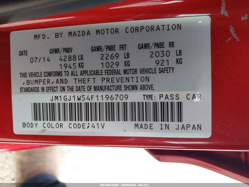 2015 Mazda 6 VIN JM1GJ1W54F1196709 IAAI salvage auction — FRONT END, Salvage (Texas), sold $1,700 on 2026-07-28 (photo 9)
