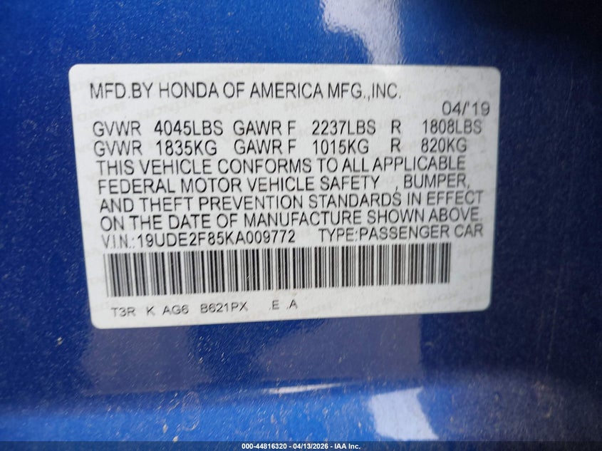 2019 Acura Ilx VIN 19UDE2F85KA009772 IAAI salvage auction — FRONT END, Wait Title, sold $2,750 on 2026-07-11 (photo 9)