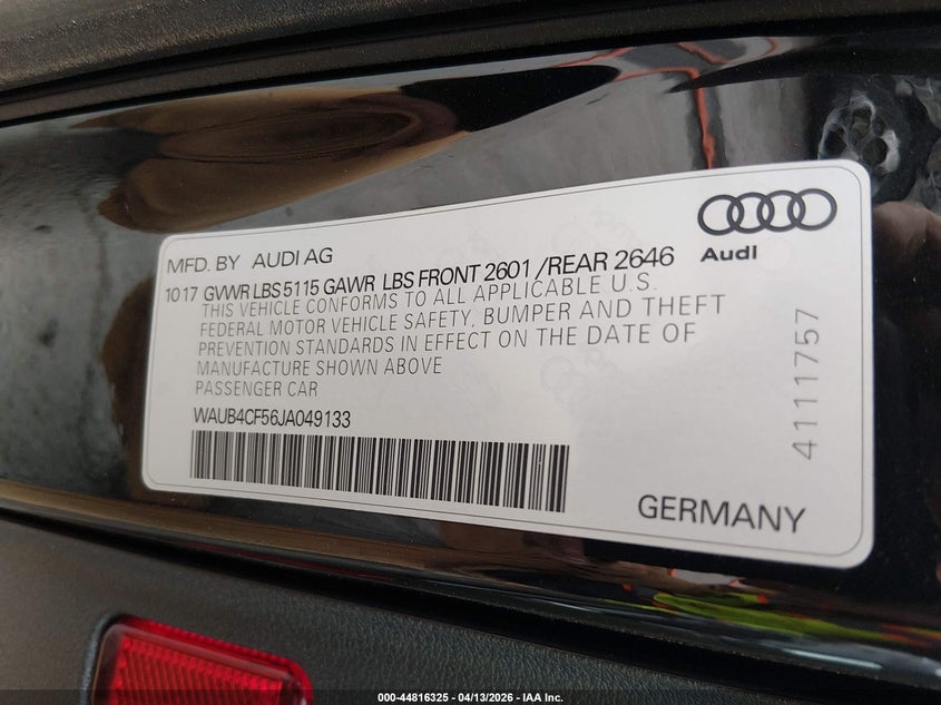 2018 Audi S5 VIN WAUB4CF56JA049133 IAAI salvage auction — FRONT END, Salvage Title, sold $10,300 on 2026-08-17 (photo 9)