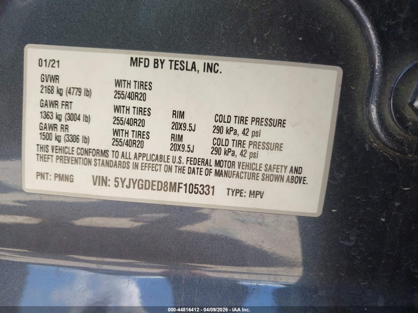 2021 Tesla Model y VIN 5YJYGDED8MF105331 IAAI salvage auction — LEFT SIDE, Salvage Title, sold $2,350 on 2026-07-09 (photo 9)