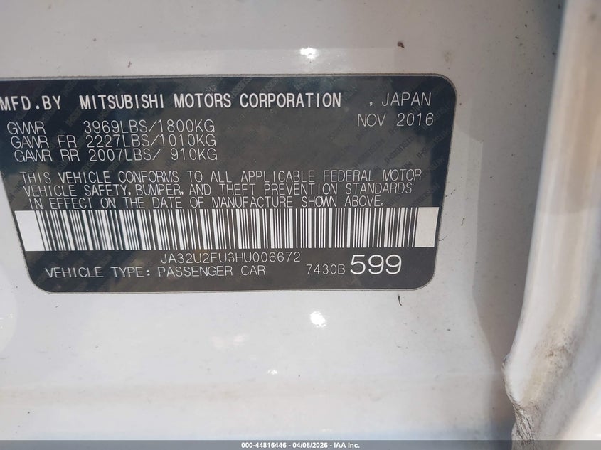 2017 Mitsubishi Lancer VIN JA32U2FU3HU006672 IAAI salvage auction — FRONT END, Original (Ohio), sold $875 on 2026-07-29 (photo 9)