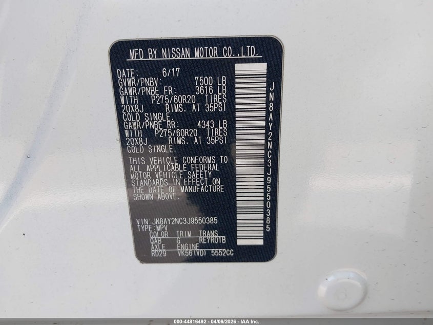 2018 Nissan Armada VIN JN8AY2NC3J9550385 IAAI salvage auction — REAR END, Salvage Title, sold $6,700 on 2026-07-13 (photo 9)