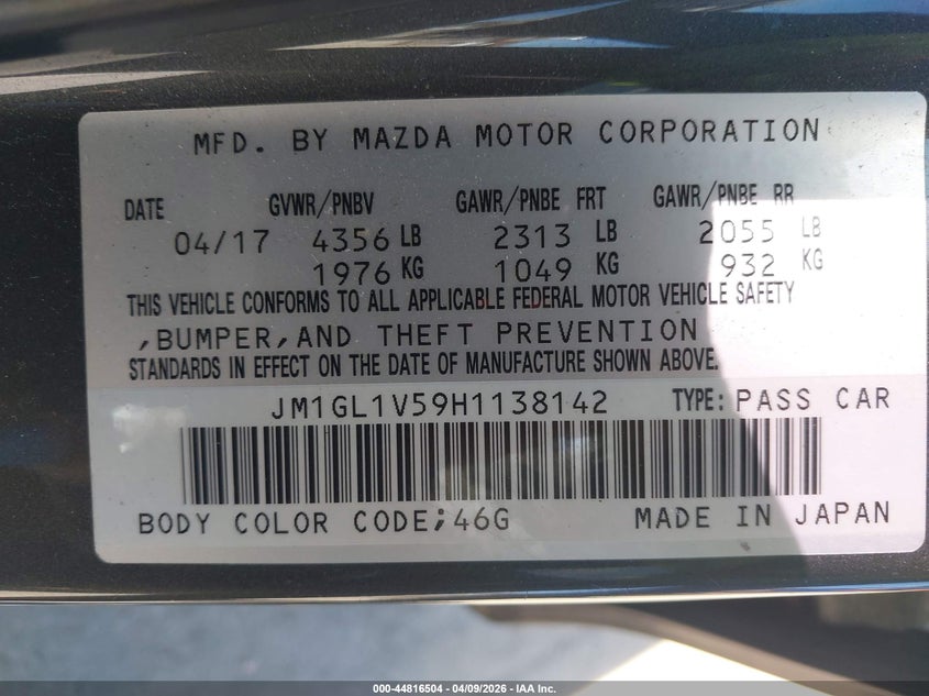 2017 Mazda 6 VIN JM1GL1V59H1138142 IAAI salvage auction — RIGHT FRONT, Salvage Title, sold $1,850 on 2026-07-30 (photo 9)