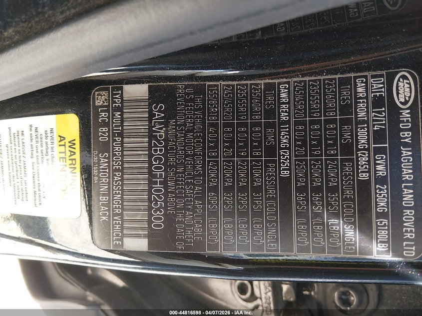 2015 Land rover Range rover evoque VIN SALVP2BG0FH025300 IAAI salvage auction — MECHANICAL, Clear (Virginia), sold $25 on 2026-07-27 (photo 9)
