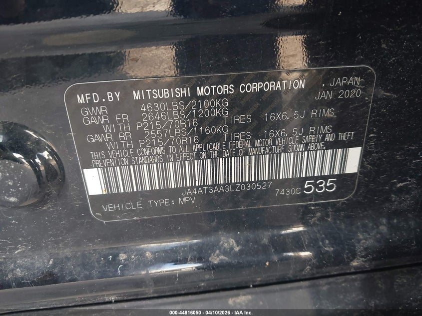2020 Mitsubishi Eclipse cross VIN JA4AT3AA3LZ030527 IAAI salvage auction — FRONT END, Salvage Title, sold $2,200 on 2026-07-09 (photo 9)