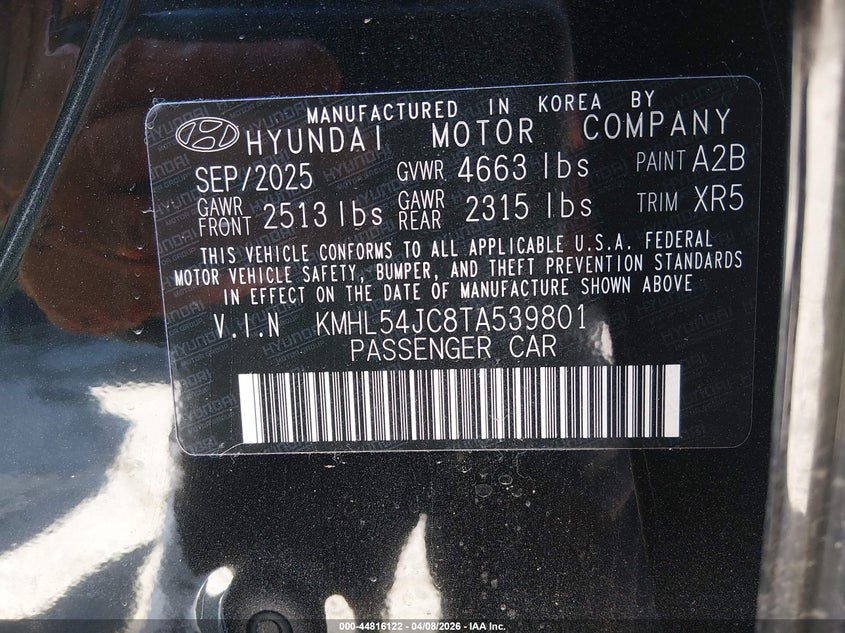 2026 Hyundai Sonata VIN KMHL54JC8TA539801 IAAI salvage auction — RIGHT SIDE, Salvage (Maine), sold $15,600 on 2026-07-27 (photo 9)