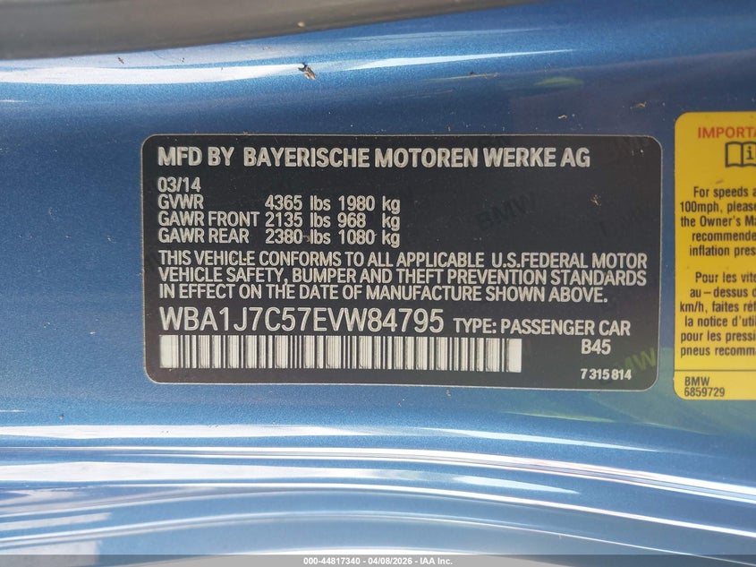 2014 BMW 2er VIN WBA1J7C57EVW84795 IAAI salvage auction — FRONT END, Salvage Title, sold $1,300 on 2026-07-16 (photo 9)