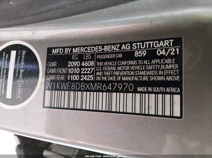 2021 Mercedes-benz C-klasse VIN W1KWF8DBXMR647970 IAAI salvage auction — WATER/FLOOD, Wait Title, sold $4,850 on 2026-07-29 (photo 9)
