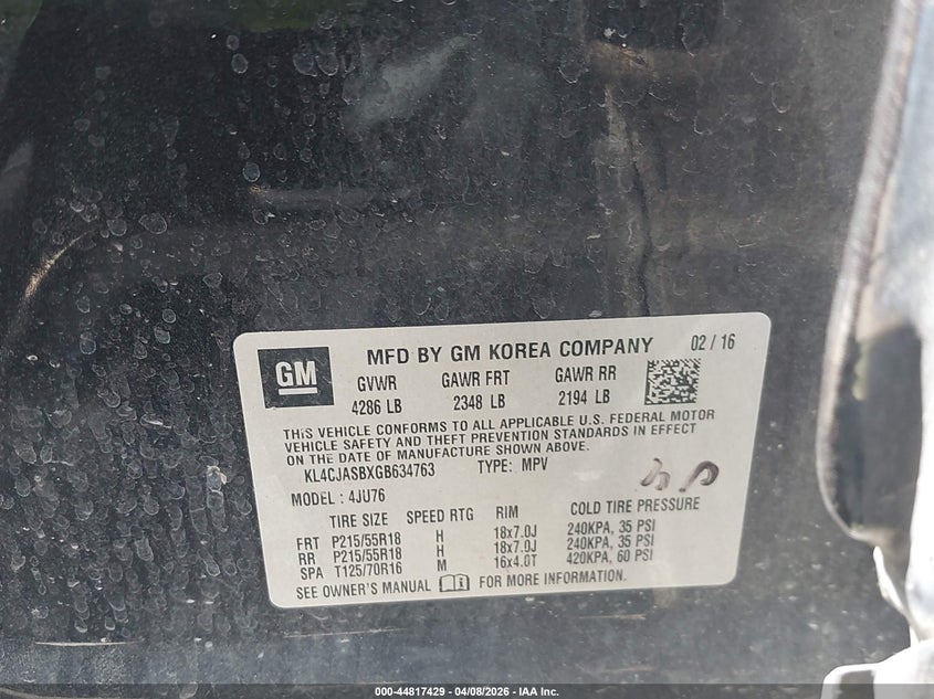 2016 Buick Encore VIN KL4CJASBXGB634763 IAAI salvage auction — FRONT END, Salvage Title, sold $450 on 2026-07-08 (photo 9)