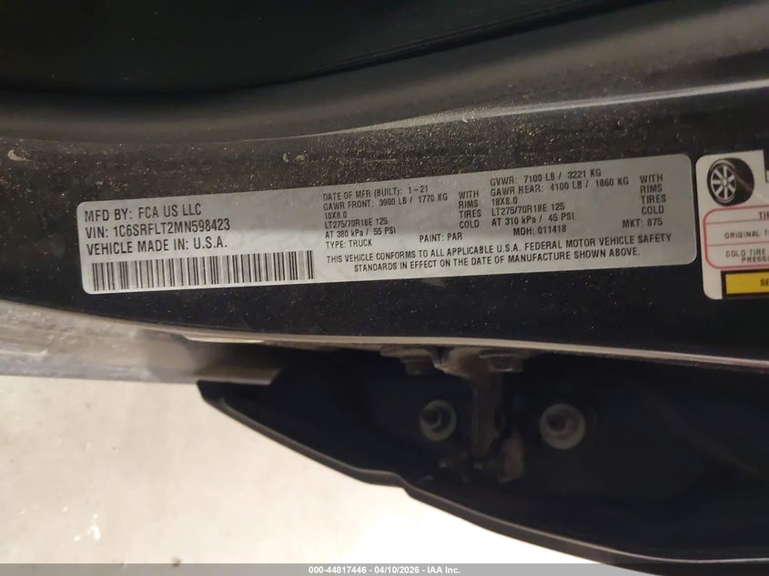 2021 Ram 1500 VIN 1C6SRFLT2MN598423 IAAI salvage auction — FRONT & REAR, Salvage (Colorado), sold $12,050 on 2026-07-22 (photo 9)