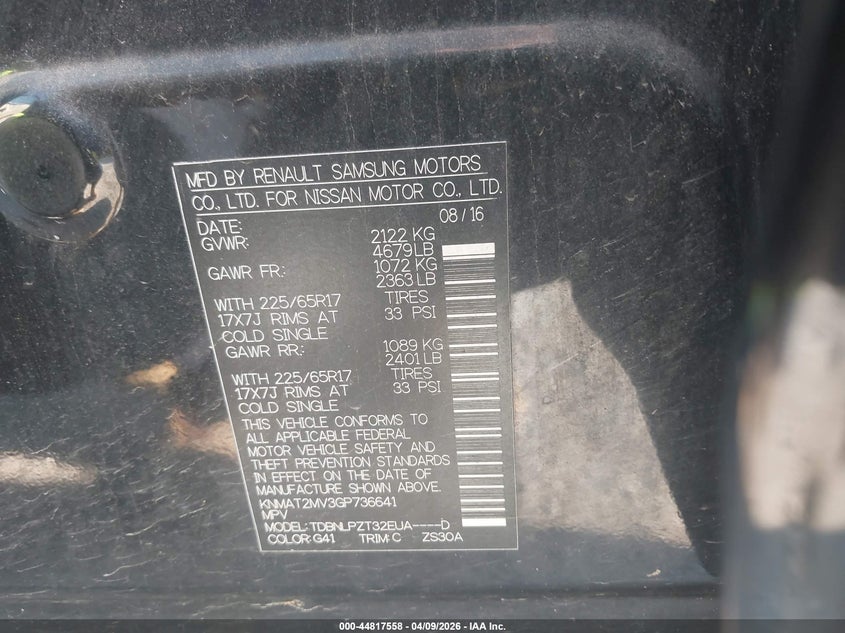 2016 Nissan Rogue VIN KNMAT2MV3GP736641 IAAI salvage auction — FRONT END, Salvage Title, sold $750 on 2026-07-29 (photo 9)