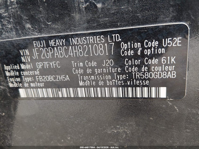 2017 Subaru Xv VIN JF2GPABC4H8210817 IAAI salvage auction — LEFT SIDE, Salvage (Vermont), sold $1,975 on 2026-07-30 (photo 9)