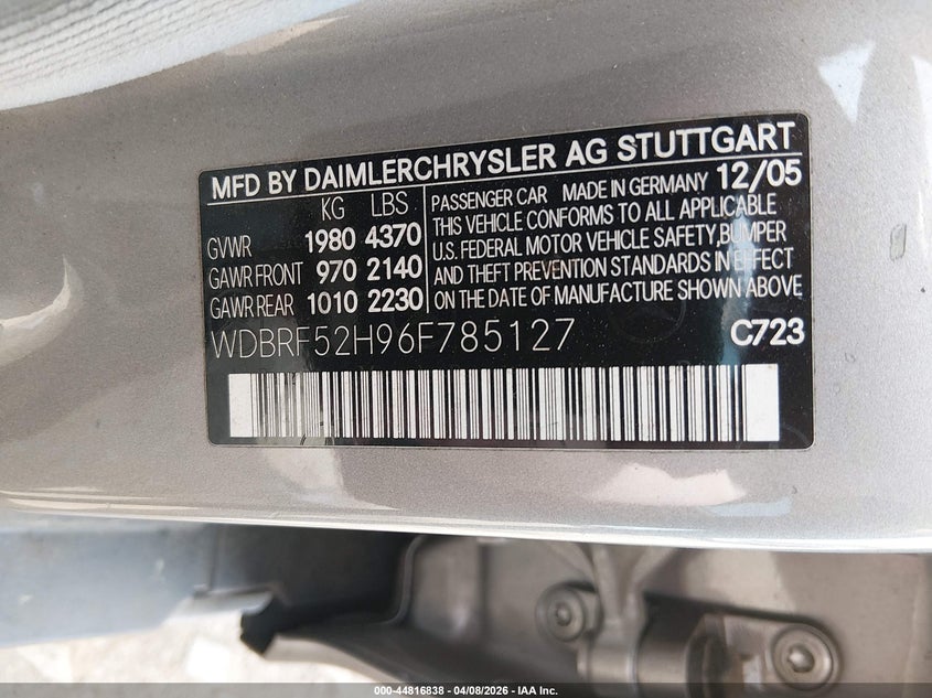 2006 Mercedes-benz C class VIN WDBRF52H96F785127 IAAI salvage auction — FRONT END, Salvage (Tennessee), sold $300 on 2026-07-08 (photo 9)