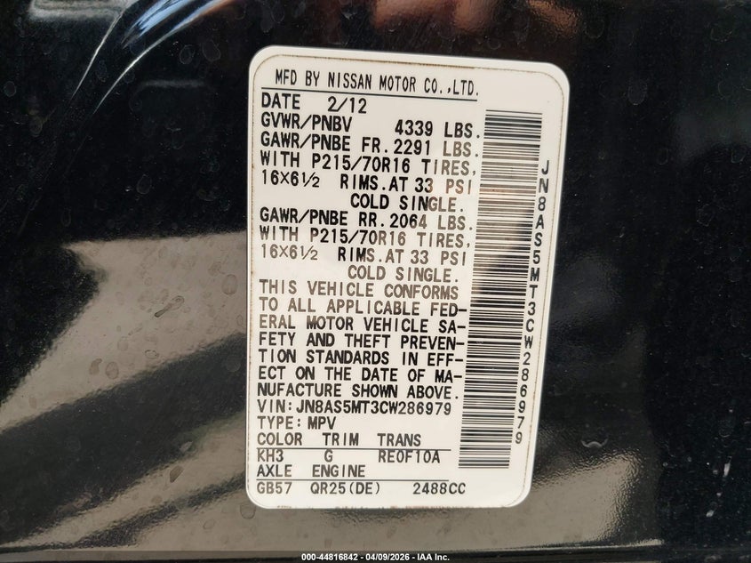 2012 Nissan Rogue VIN JN8AS5MT3CW286979 IAAI salvage auction — FRONT END, Salvage (Texas), sold $400 on 2026-07-07 (photo 9)