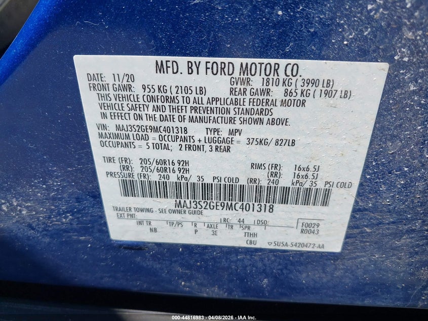 2021 Ford Ecosport VIN MAJ3S2GE9MC401318 IAAI salvage auction — RIGHT REAR, Salvage Title, sold $1,700 on 2026-07-14 (photo 9)