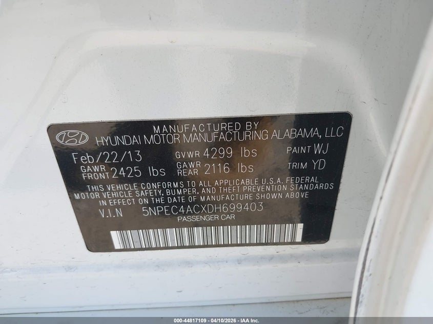 2013 Hyundai Sonata VIN 5NPEC4ACXDH699403 IAAI salvage auction — FRONT END, Original (Kentucky), sold $250 on 2026-07-06 (photo 9)