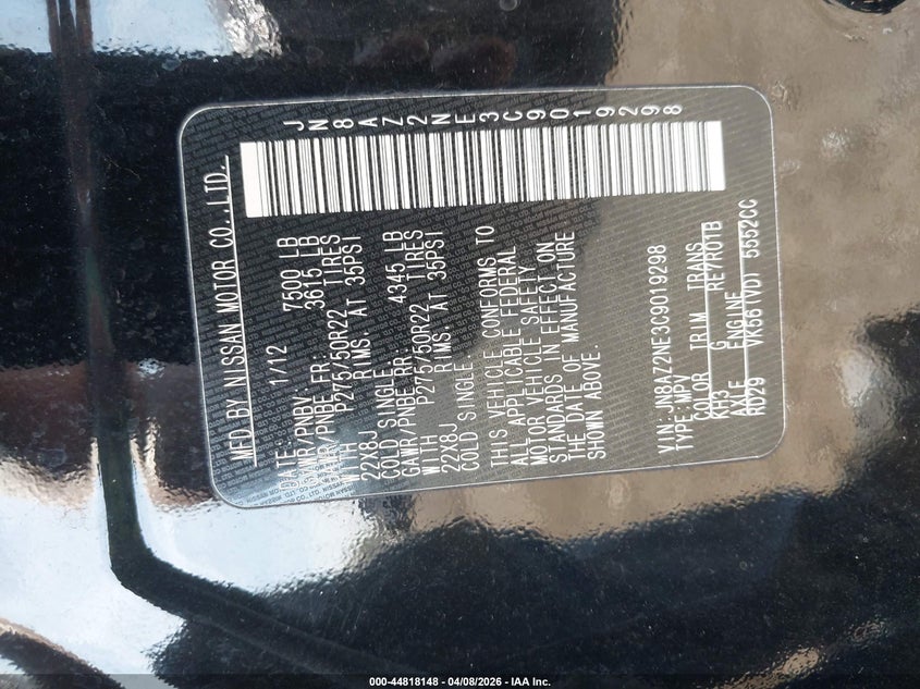 2012 Infiniti Qx56 VIN JN8AZ2NE3C9019298 IAAI salvage auction — FRONT END, Wait Title, sold $1,600 on 2026-07-23 (photo 9)