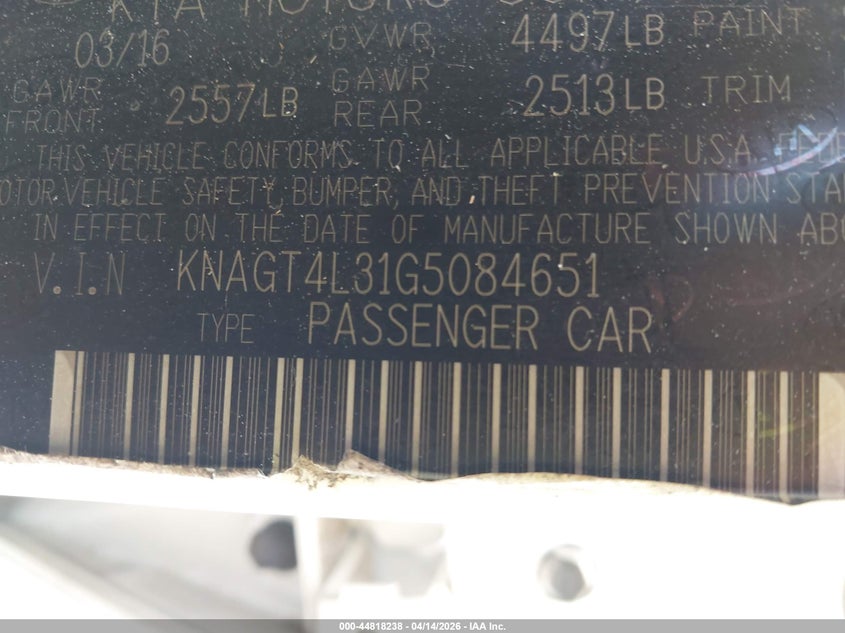 2016 Kia Optima VIN KNAGT4L31G5084651 IAAI salvage auction — LEFT REAR, Rebuildable (Florida), sold $850 on 2026-07-16 (photo 9)