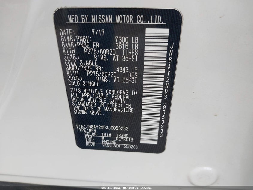 2018 Nissan Armada VIN JN8AY2ND3J9053233 IAAI salvage auction — FRONT END, Clear (Oklahoma), sold $6,000 on 2026-07-15 (photo 9)