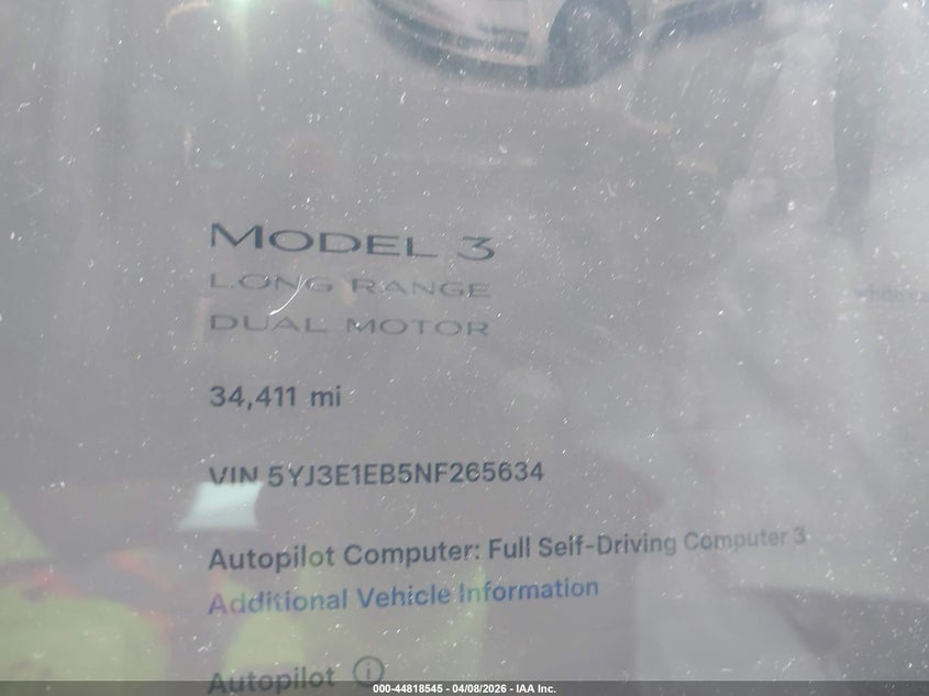 2022 Tesla Model 3 VIN 5YJ3E1EB5NF265634 IAAI salvage auction — RIGHT SIDE, Salvage Title, sold $7,100 on 2026-07-07 (photo 7)
