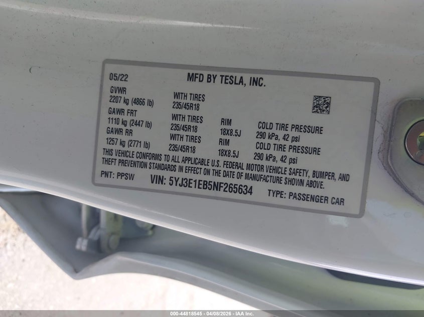 2022 Tesla Model 3 VIN 5YJ3E1EB5NF265634 IAAI salvage auction — RIGHT SIDE, Salvage Title, sold $7,100 on 2026-07-07 (photo 9)
