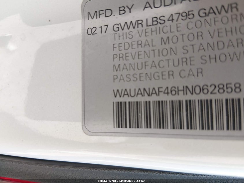 2017 Audi A4 VIN WAUANAF46HN062858 IAAI salvage auction — REAR END, Salvage (Vermont), sold $2,750 on 2026-07-16 (photo 9)
