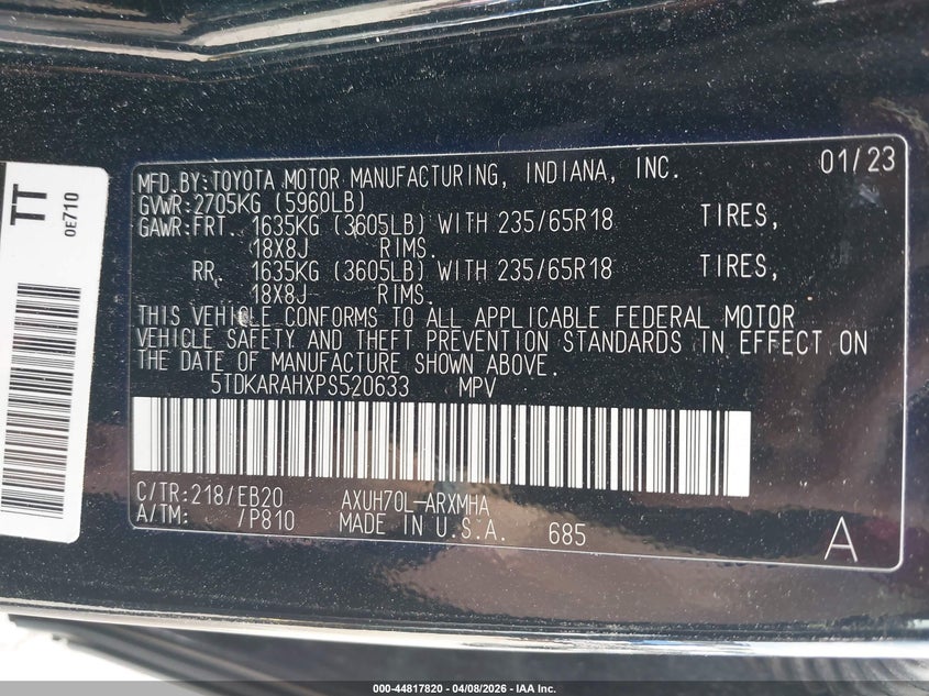 2023 Toyota Highlander VIN 5TDKARAHXPS520633 IAAI salvage auction — RIGHT SIDE, Original (Texas), sold $12,850 on 2026-07-21 (photo 9)
