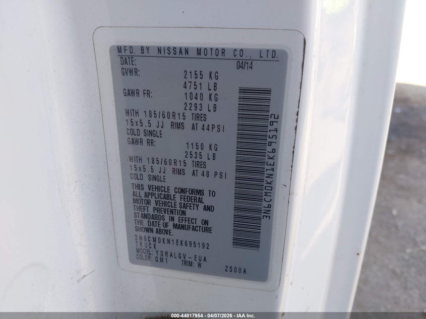 2014 Nissan Nv200 VIN 3N6CM0KN1EK695192 IAAI salvage auction — FRONT END, Wait Title, sold $1,975 on 2026-07-08 (photo 9)