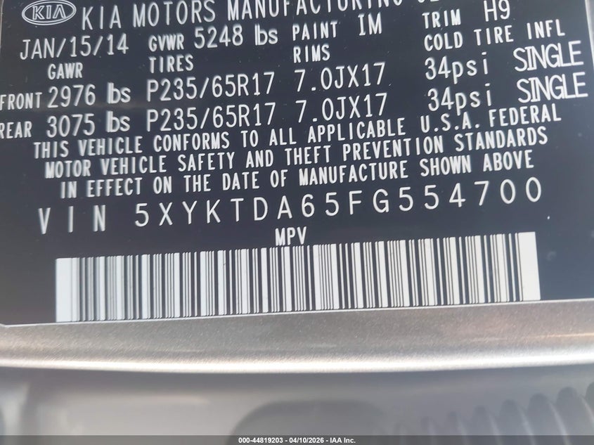 2015 Kia Sorento VIN 5XYKTDA65FG554700 IAAI salvage auction — FRONT END, Salvage Title, sold $850 on 2026-07-10 (photo 9)