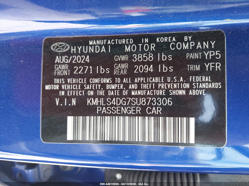 2025 Hyundai Elantra VIN KMHLS4DG7SU873306 IAAI salvage auction — RIGHT SIDE, Salvage Title, sold $1,000 on 2026-07-29 (photo 9)