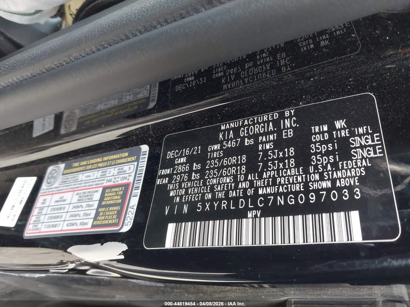 2022 Kia Sorento VIN 5XYRLDLC7NG097033 IAAI salvage auction — LEFT SIDE, Salvage Title, sold $7,050 on 2026-07-07 (photo 9)