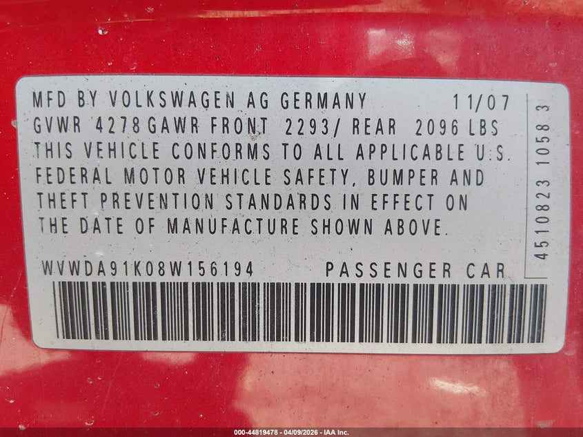 2008 Volkswagen Golf VIN WVWDA91K08W156194 IAAI salvage auction — FRONT END, Salvage (Rhode Island), sold $250 on 2026-07-07 (photo 9)