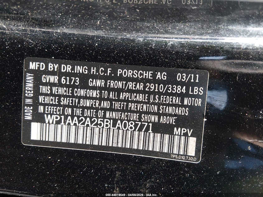 2011 Porsche Cayenne VIN WP1AA2A25BLA08771 IAAI salvage auction — LEFT SIDE, Salvage (Texas), sold $1,350 on 2026-07-10 (photo 9)