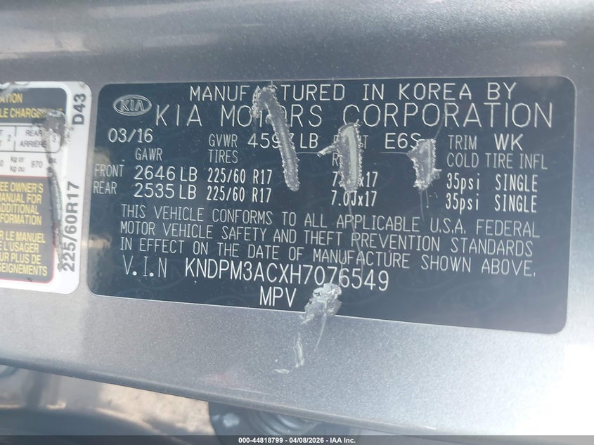 2017 Kia Sportage VIN KNDPM3ACXH7076549 IAAI salvage auction — FRONT END, Salvage Title, sold $2,050 on 2026-07-14 (photo 9)