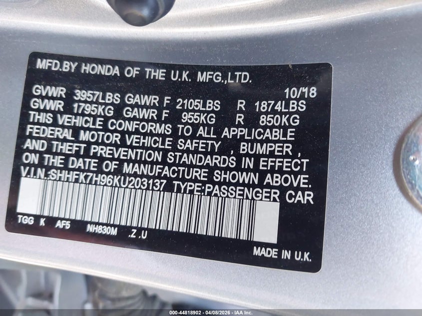 2019 Honda Civic VIN SHHFK7H96KU203137 IAAI salvage auction — RIGHT FRONT, Salvage Title, sold $5,250 on 2026-07-13 (photo 9)
