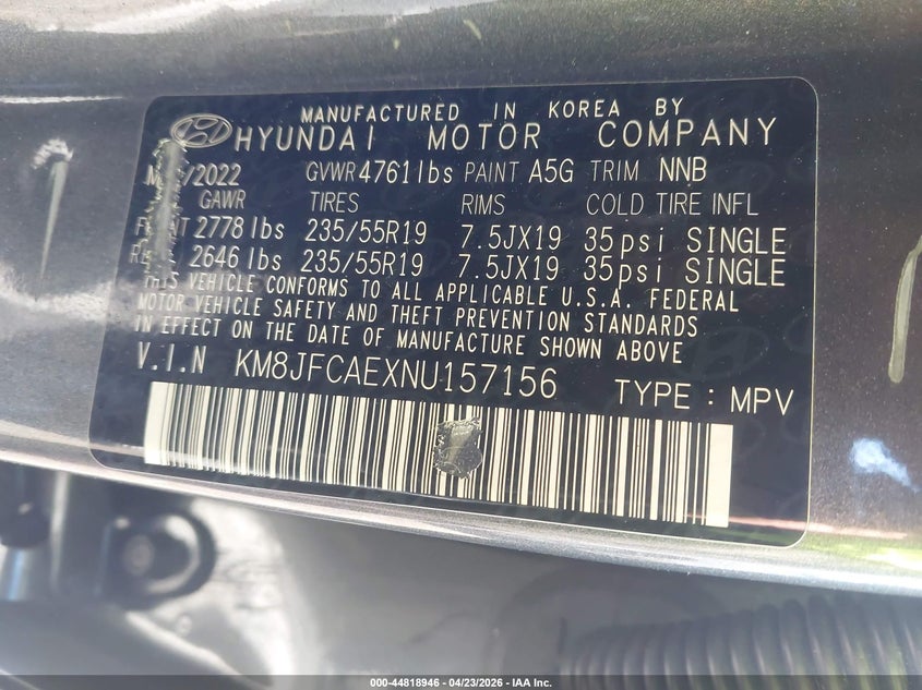 2022 Hyundai Tucson VIN KM8JFCAEXNU157156 IAAI salvage auction — SIDE, Mv-907A (New York), sold $75 on 2026-07-28 (photo 9)