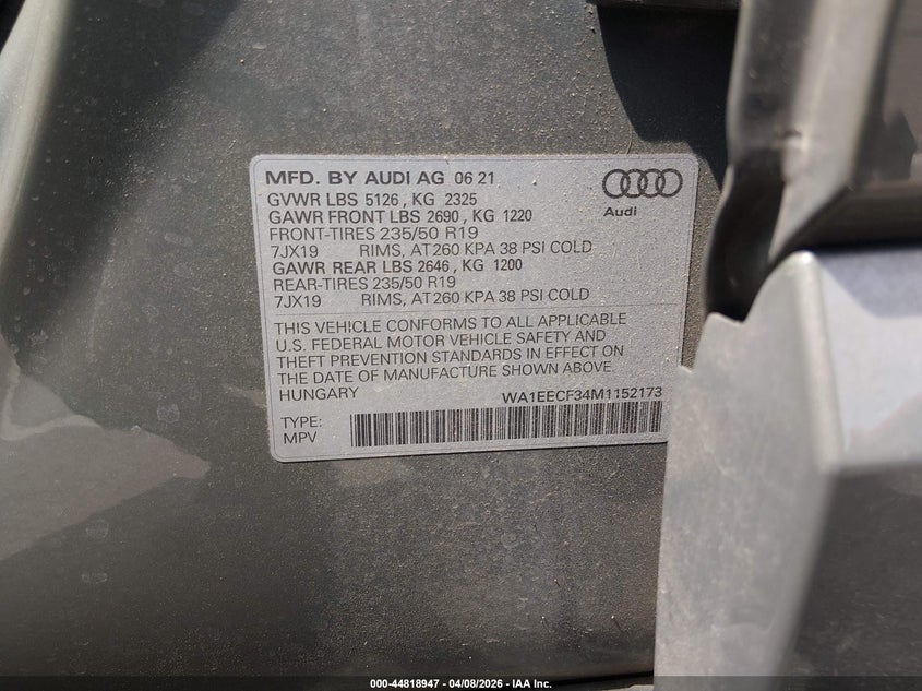 2021 Audi Q3 VIN WA1EECF34M1152173 IAAI salvage auction — FRONT END, Clear (Tennessee), sold $3,550 on 2026-07-28 (photo 9)