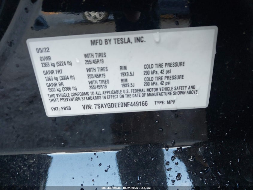 2022 Tesla Model y VIN 7SAYGDEE0NF449166 IAAI salvage auction — REAR END, Salvage (Arizona), sold $8,600 on 2026-07-30 (photo 9)