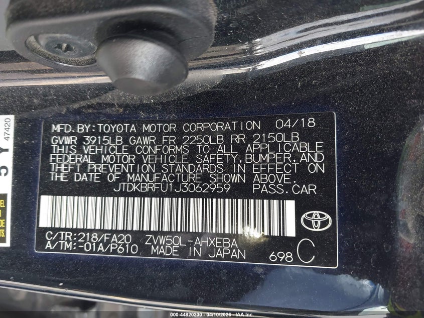 2018 Toyota Prius VIN JTDKBRFU1J3062959 IAAI salvage auction — LEFT SIDE, Original (Texas), sold $2,950 on 2026-07-09 (photo 9)