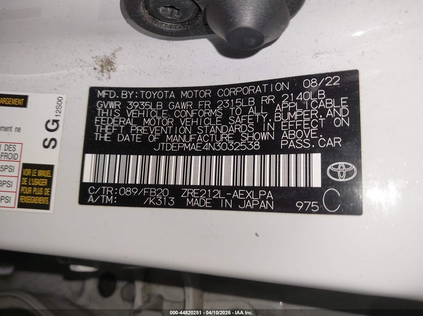 2022 Toyota Corolla VIN JTDEPMAE4N3032538 IAAI salvage auction — LEFT SIDE, Salvage Title, sold $4,150 on 2026-07-08 (photo 9)