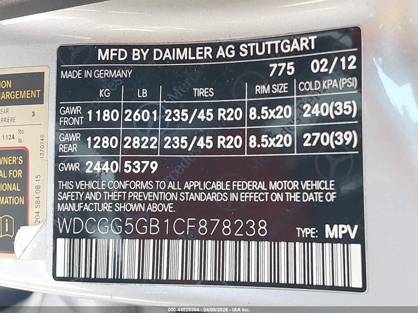 2012 Mercedes-benz Glk-class VIN WDCGG5GB1CF878238 IAAI salvage auction — NORMAL WEAR, Clear (Florida), sold $25 on 2026-07-16 (photo 9)